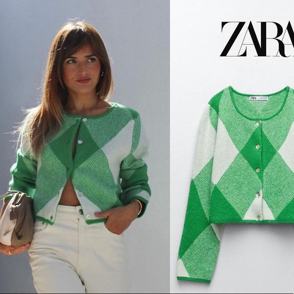 ZARA jacquard knit argyle geometric print cardigan blogger favorite - Picture 2 of 16